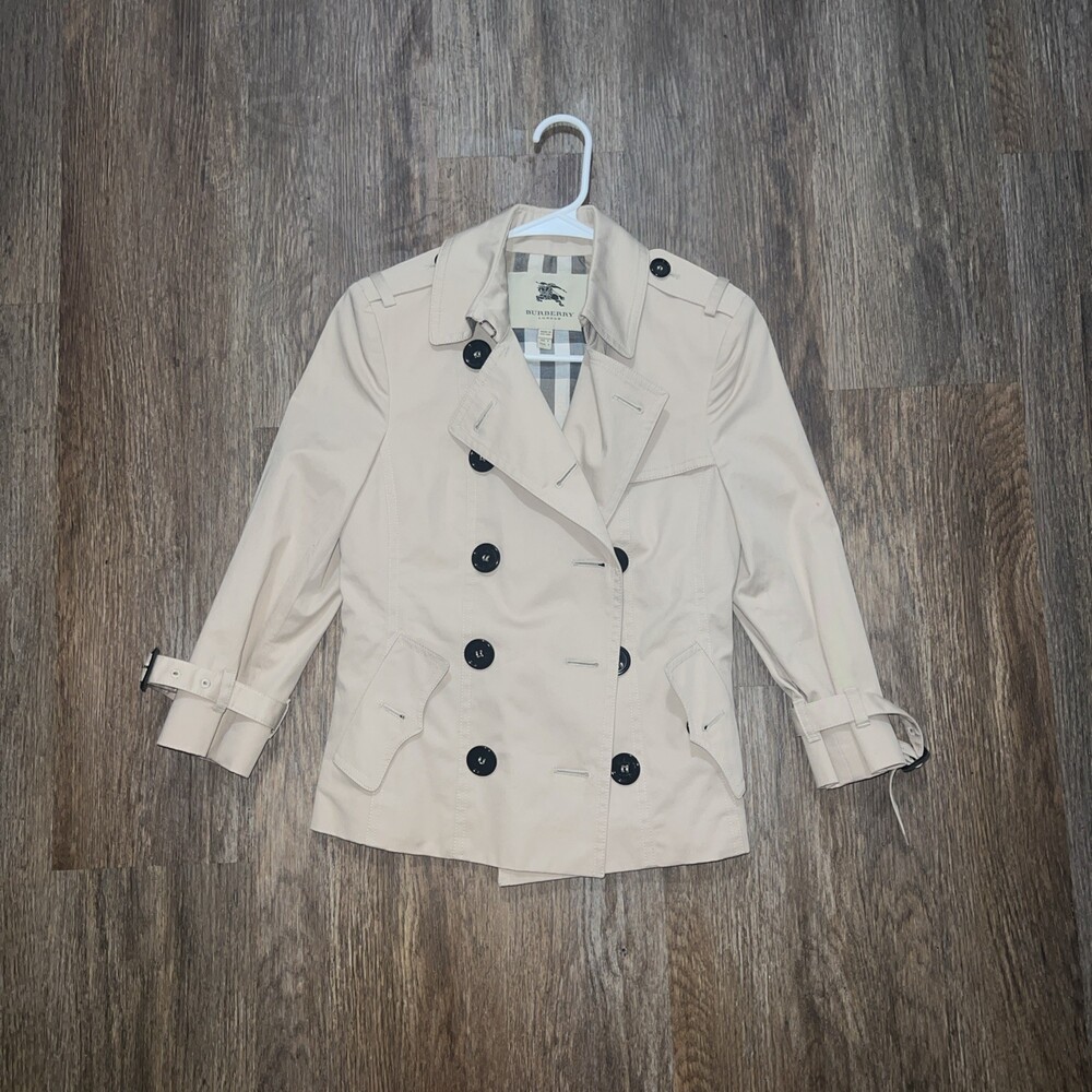Beige Burberry London Cropped Cotton Gabardine Trench Jacket Sz 2